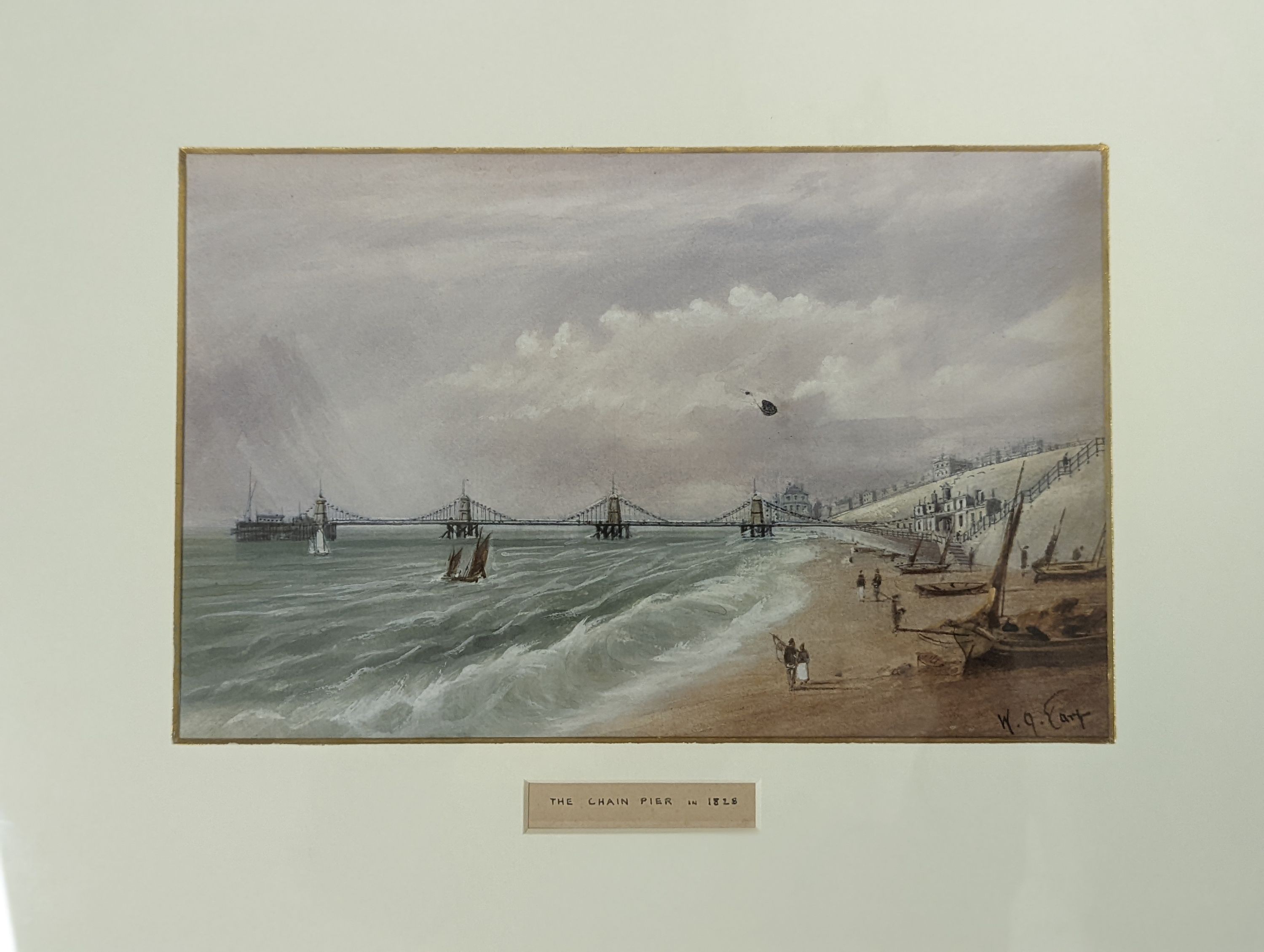 William Henry Earp (1831-1914), four watercolours, A view of Brighthelmstone 1785 and The Chain Pier 1828, The Old Chain Pier and Old Brighton 1810, signed, 15 x 22cm, with two colour prints of London